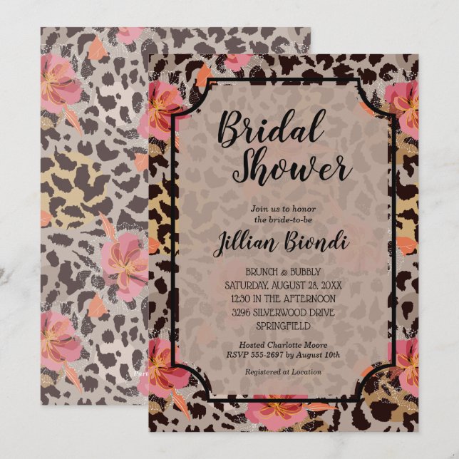 Flowers Leopard Animal Print Bridal Shower Invites (Front/Back)