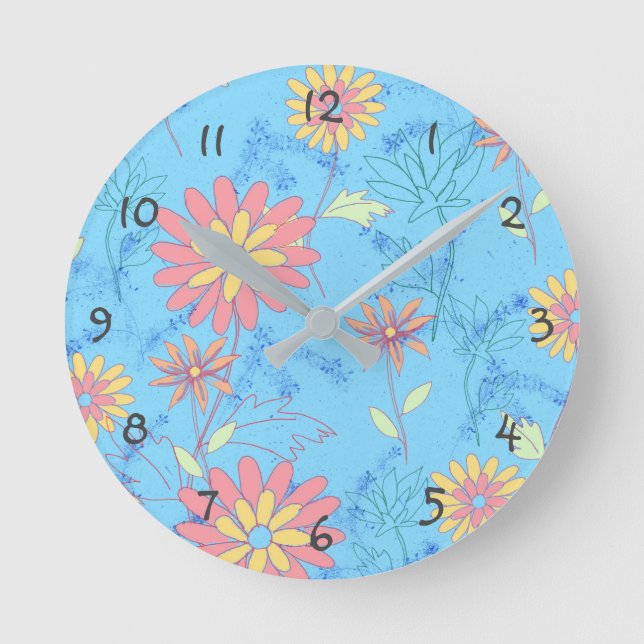 Flowers Light Blue Wall Clock (Front)