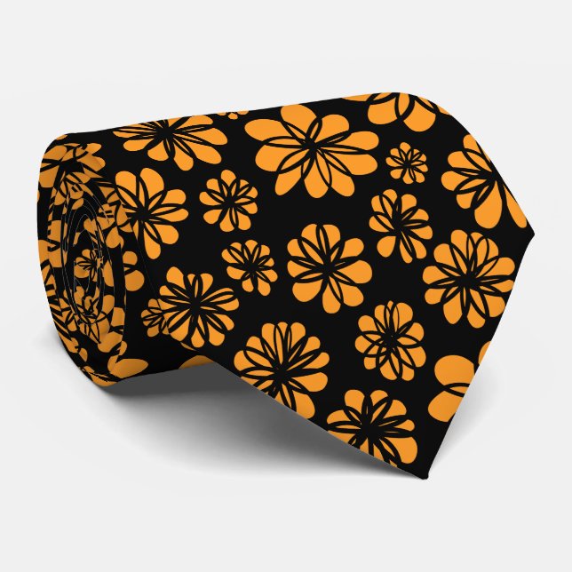 Flowers - Light Orange on Black Tie (Rolled)
