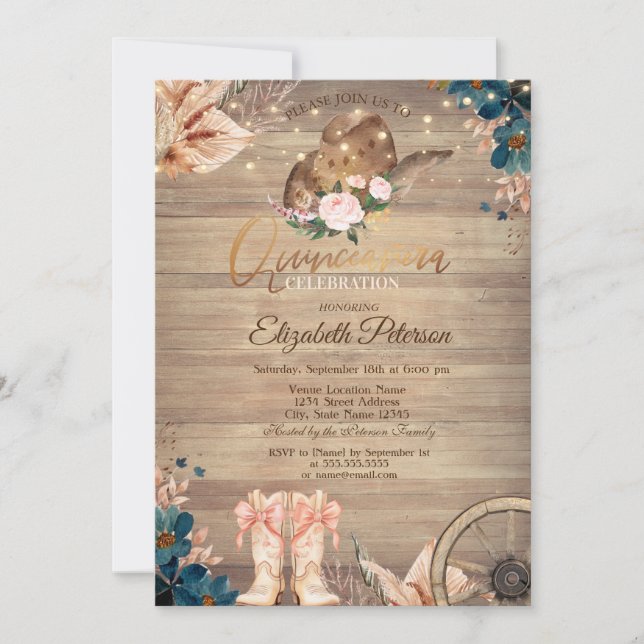 Flowers Lights Cowgirl Hat Boots Wood Quinceañera  Invitation (Front)