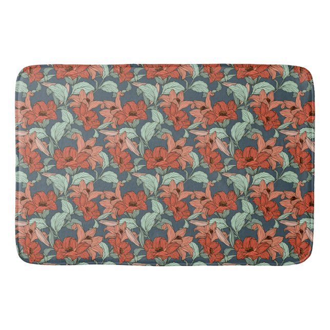 Flowers Lily Foliage Red Green Bath Mat (Front)