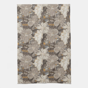 Flowers line drawing grey, white, & hints of tan tea towel