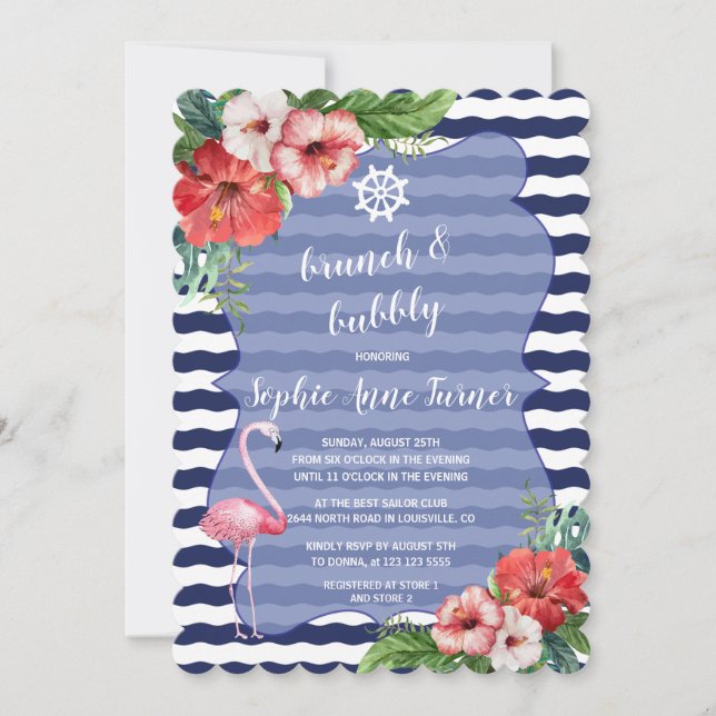 Flowers Luau Flamingo Navy Stripes Brunch & Bubbly Invitation (Front)