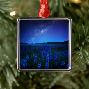 Flowers   Lupines Blooming  at Night Lake Tekapo Metal Tree Decoration