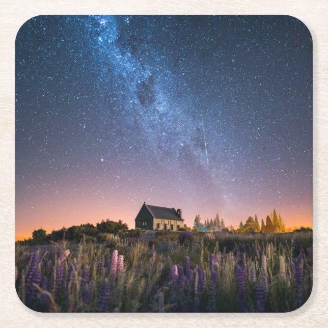 Flowers | Lupines Blooming Lake Tekapo New Zealand Square Paper Coaster (Front)