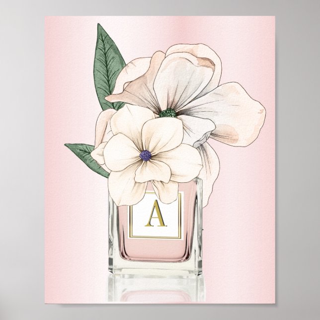 Flowers Magnolia Pink Perfume Bottle Monogram  Poster (Front)