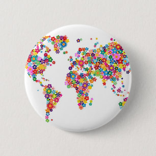 Flowers Map of the World Map 6 Cm Round Badge