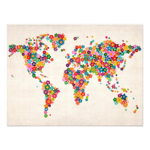 Flowers Map of the World Map Photo Print