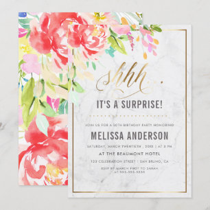 Flowers & Marble   Gold Surprise Birthday Party Invitation