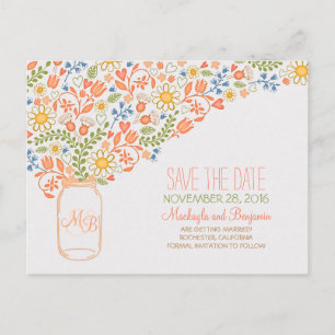 Flowers mason jar cute save the date postcards