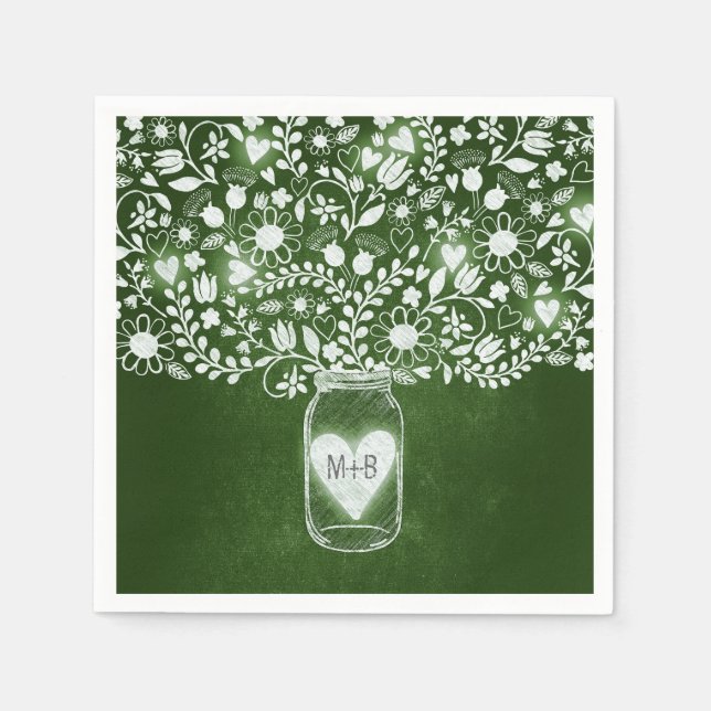 flowers mason jar green wedding paper napkins (Front)