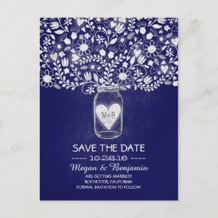 Flowers mason jar royal blue save the date announcement postcard
