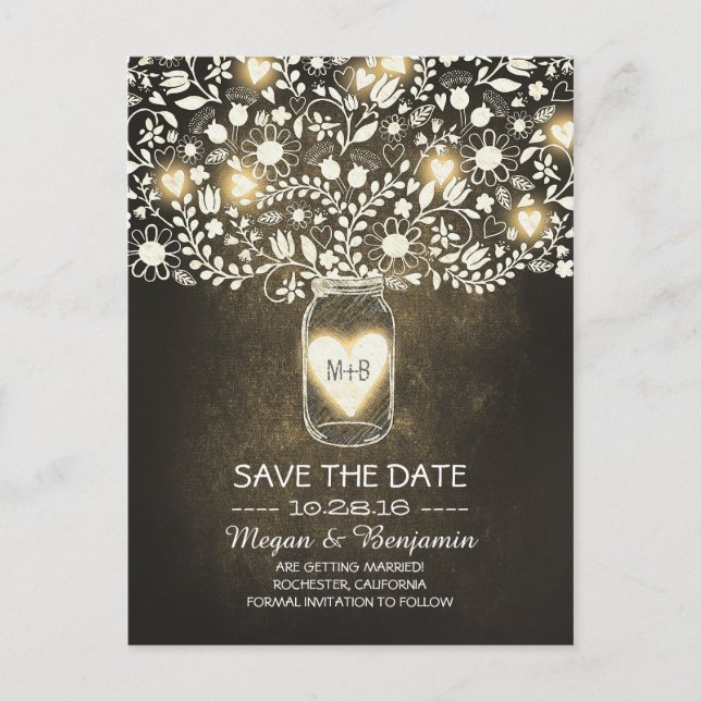 Flowers mason jar yellow rustic save the date announcement postcard (Front)