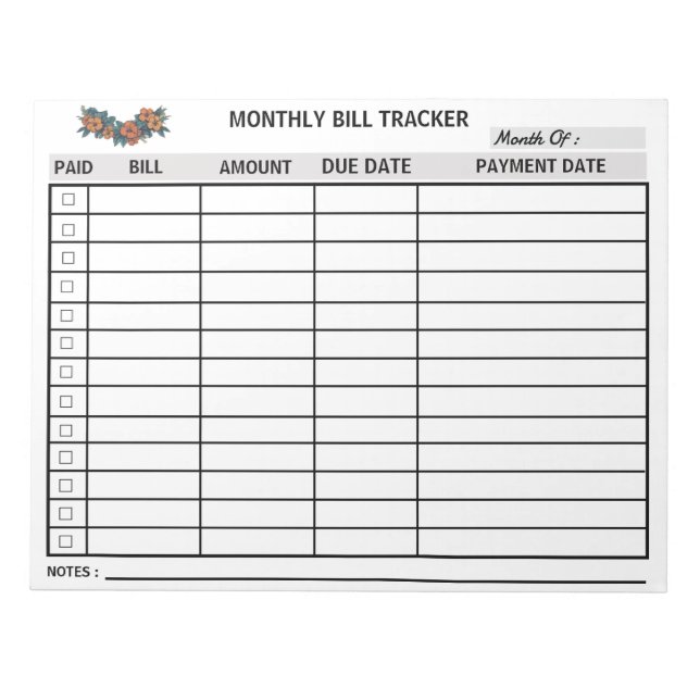 Flowers Monthly Bill Tracker Notepad Personalised  (Front)