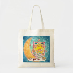 Flowers moon Cat tote bag