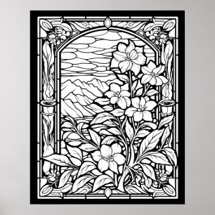 Flowers & Mountains Stained Glass Window Coloring Poster