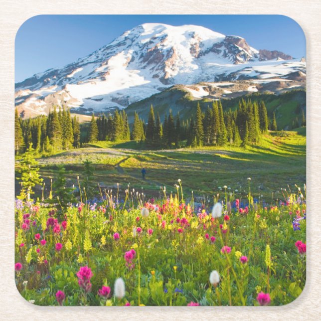 Flowers | Mt. Rainier Wildflowers Square Paper Coaster (Front)