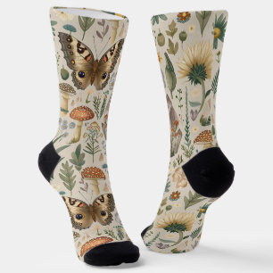 Flowers mushroom and butterfly vintage pattern socks