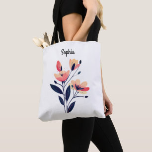 Flowers & Name on White Tote Bag