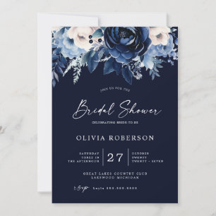 Flowers of Blue Wedding Bridal Shower White Invitation