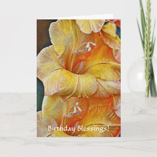 Flowers of Faith Gold Peach Gladiolus Birthday Card (Front)