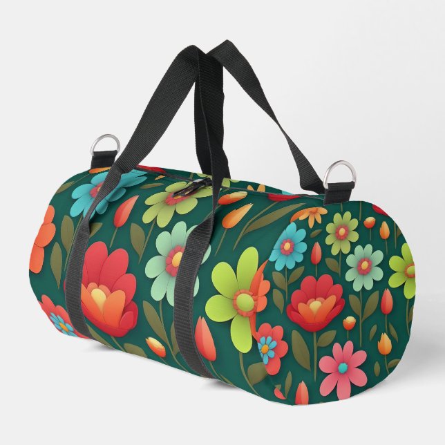 Flowers on a green background pattern duffle bag (Left Corner)