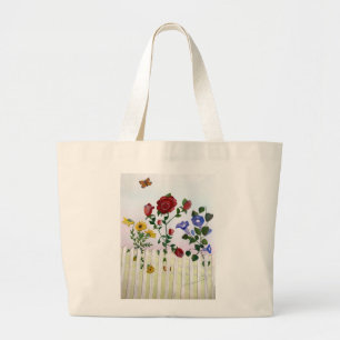 Flowers on a Picket Fence Watercolor Painting Large Tote Bag