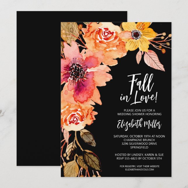 Flowers on Black Bridal Shower Invitations (Front/Back)