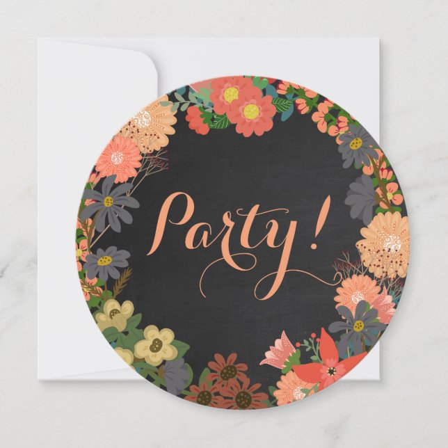 Flowers on Black Chalkboard Round Party Invitation (Front)