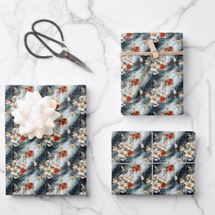 Flowers on Black & White Marble Wrapping Paper Sheet