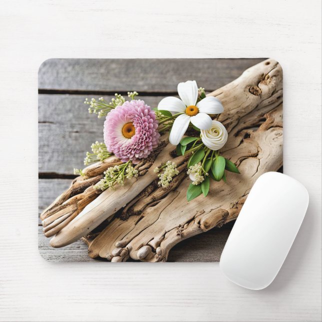 Flowers On Driftwood Mouse Mat (With Mouse)