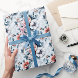 Flowers on Grey & White Marble Wrapping Paper