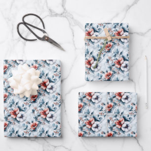 Flowers on Grey & White Marble Wrapping Paper Sheet