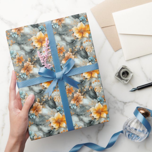 Flowers on Marble  Wrapping Paper (Gifting)