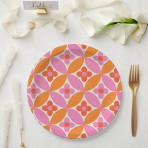 Flowers on Mid Century Pink Orange Circles Paper Plate