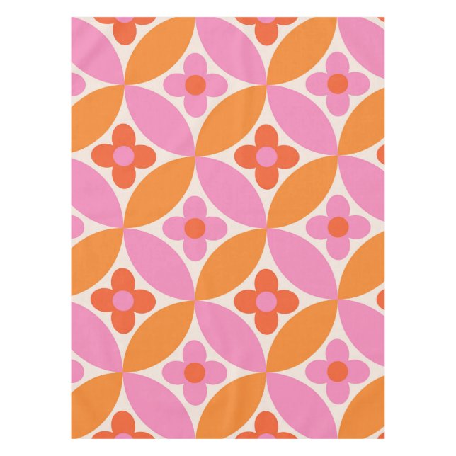  Flowers on Mid Century Pink Orange  Circles  Tablecloth (Front)