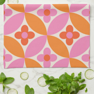 Flowers on Mid Century Pink Orange Circles Tea Towel