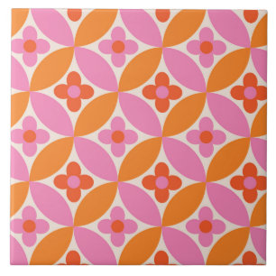  Flowers on Mid Century Pink Orange  Circles  Tile