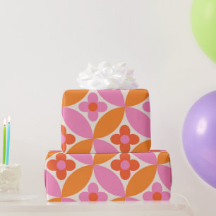 Flowers on Mid Century Pink Orange Circles Wrapping Paper