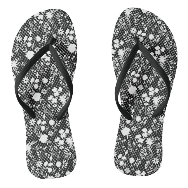 Flowers on net 01.bx4 Black BG Flip Flops (Footbed)