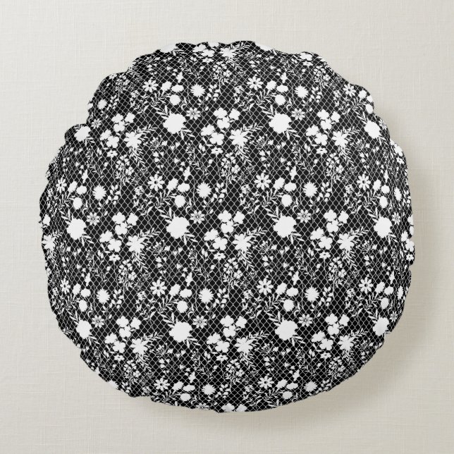 Flowers on net 01.bx4 Black BG Round Cushion (Front)