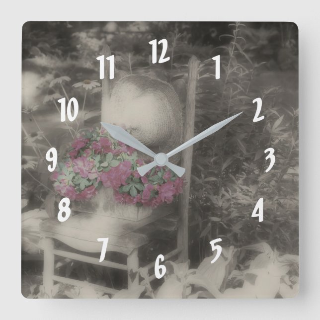 Flowers On Old Wooden Chair Square Wall Clock (Front)