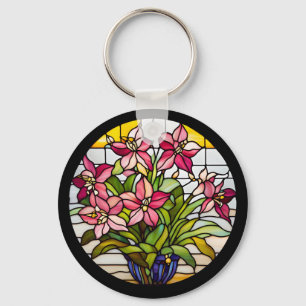 Flowers on Stained Glass Key Ring
