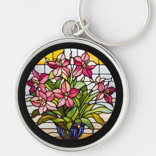 Flowers on Stained Glass Key Ring (Front)