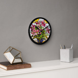 Flowers on Stained Glass Round Clock