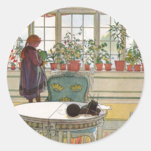 Flowers on the Windowsill by Carl Larsson Classic Round Sticker