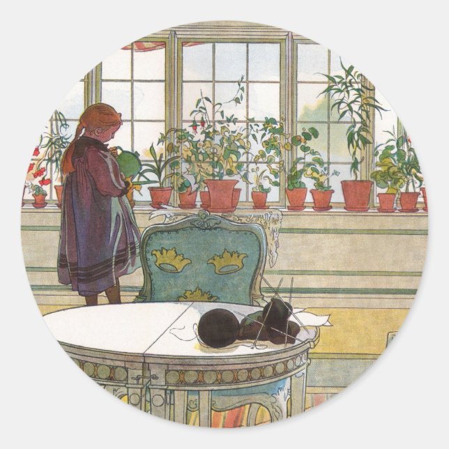 Flowers on the Windowsill by Carl Larsson Classic Round Sticker (Front)