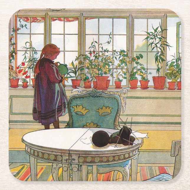 Flowers on the Windowsill by Carl Larsson Square Paper Coaster (Front)