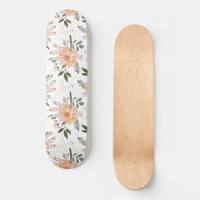 flowers on white background skateboard (Front)