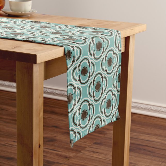 Flowers or eyes - turquoise and brown long table runner (In Situ)